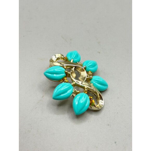 Vintage Mid Century Aqua Blue Leaf Gold Tone Pin Brooch Statement Pin - Picture 3 of 6